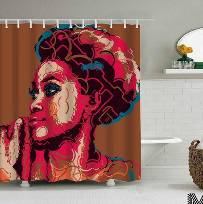 Art Design Graffiti Art Hip Hop African Girl with Black Hair Big Earring with Modern Building Shower Curtain for Bathroom Decor ShopWithASmile7.com