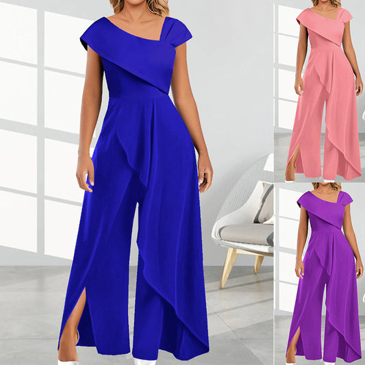 Women's Fashion Temperament Diagonal Collar Solid Color Jumpsuit ShopWithASmile7.com