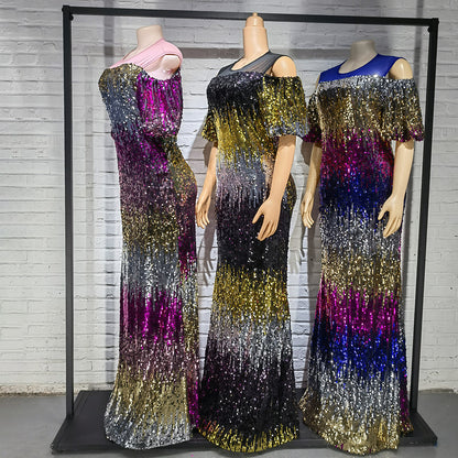 Stretch Color Changing Sequin Stitching Mesh Off-neck Fishtail Skirt