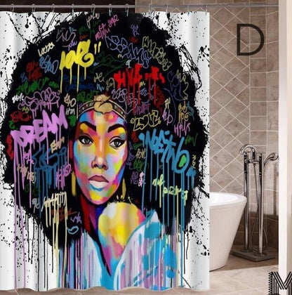 Art Design Graffiti Art Hip Hop African Girl with Black Hair Big Earring with Modern Building Shower Curtain for Bathroom Decor ShopWithASmile7.com