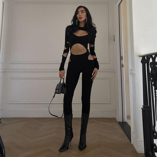 2023 New Casual Hollow Out Navel Long-sleeved Slim Jumpsuit ShopWithASmile7.com
