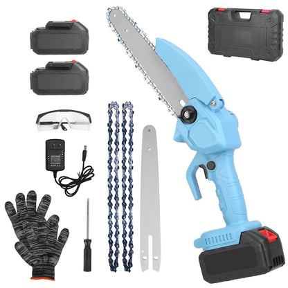 Electric Mini Chainsaw Portable Handheld Cordless Small Chain Saw Battery Powered With 2Pcs 1200mAh Rechargeable Batteries 8in Chains Gloves Goggles For Pruning Trees Wood Cutting