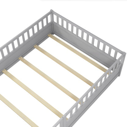 Full Size Floor Bed, Integral Construction With Super High Security Barrier, Door, Children's Floor Bed Frame, Montessori Wooden Children's Floor Bed, Support Slat White
