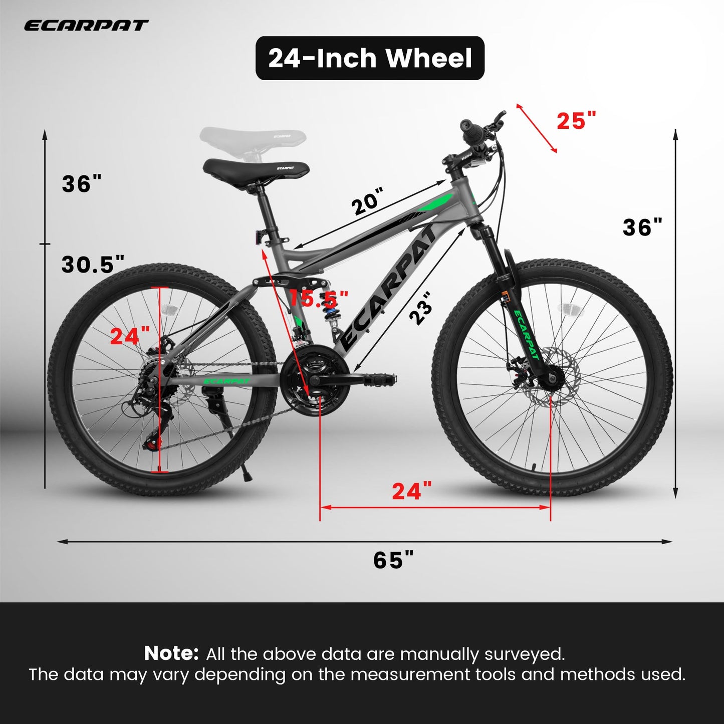 A2460 24 Inch Mountain Bike With Full Suspension, 21 Speed Grip Shifters, High Carbon Steel Frame, Mechanical Disc Brakes, Unisex For Men Women Adults, Ideal For Trails.