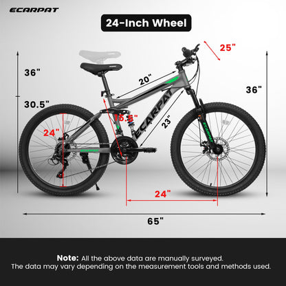 A2460 24 Inch Mountain Bike With Full Suspension, 21 Speed Grip Shifters, High Carbon Steel Frame, Mechanical Disc Brakes, Unisex For Men Women Adults, Ideal For Trails.