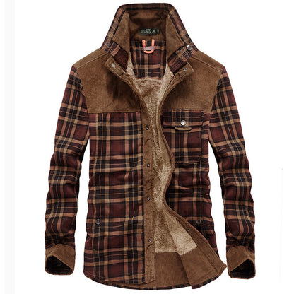 Men's plus fleece long-sleeved plaid shirt autumn and winter warm casual cotton