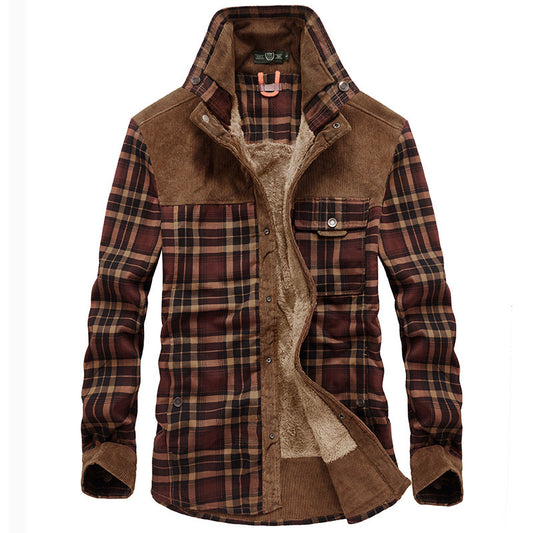 Men's plus fleece long-sleeved plaid shirt autumn and winter warm casual cotton