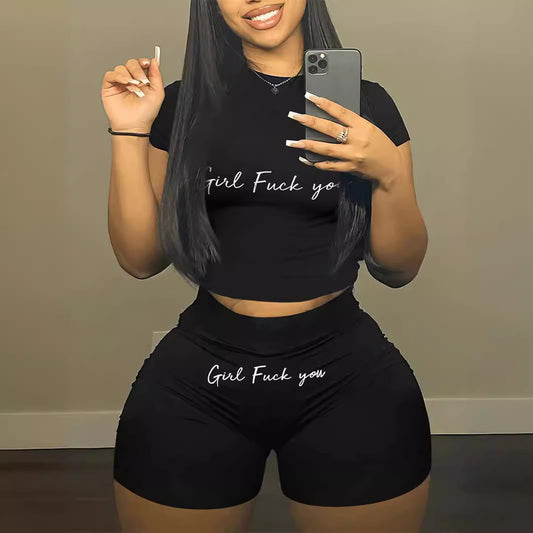Women's Printed Sports Letter Print Short-sleeve Shorts Casual Two-piece Suit