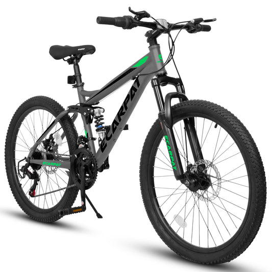 A2460 24 Inch Mountain Bike With Full Suspension, 21 Speed Grip Shifters, High Carbon Steel Frame, Mechanical Disc Brakes, Unisex For Men Women Adults, Ideal For Trails.