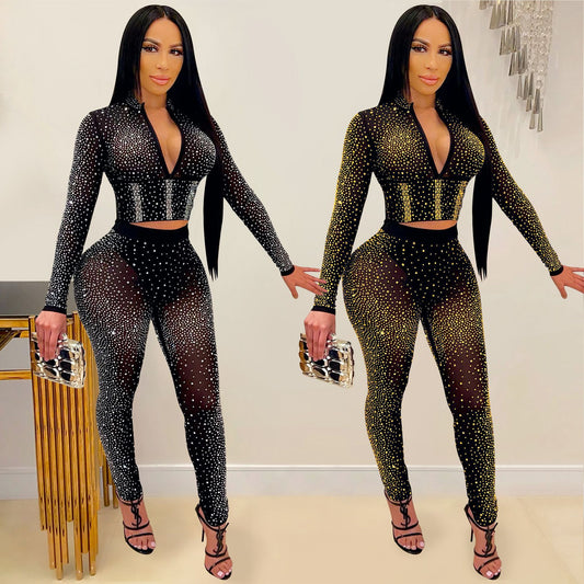 Women's Tight Mesh See-Through Long Sleeve Hot Drill Two Piece Pants Set