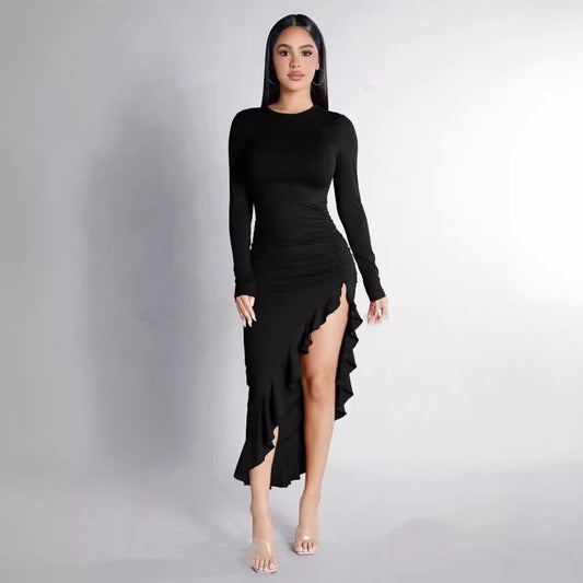 Chic Black Mid-Length Ruffled Dress with Long Sleeves and Frill Detail ShopWithASmile.com