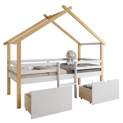 Wooden Bed, Children S Bed, 3ft Single Bed 90x190cm, MDF  Pinewood  Plywood, Safety Guardrail, Two Storage Drawers With Wheels,Roof Shape, White  Natural