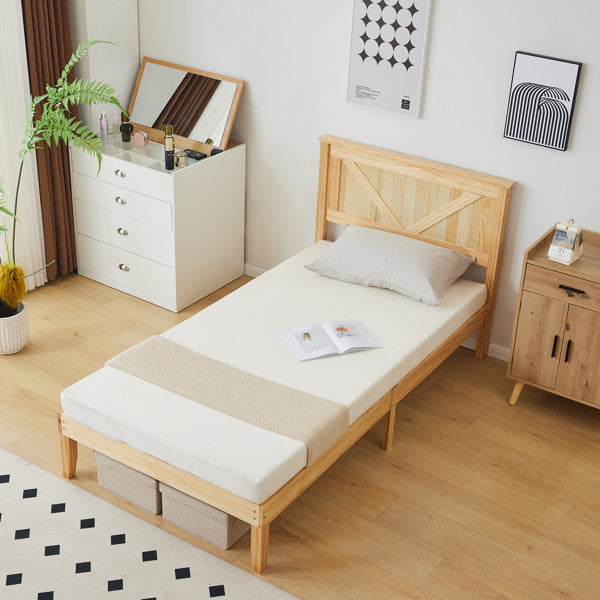 Slanted Headboard, No Footrest, Twin Wooden Bed In Natural Wood Color