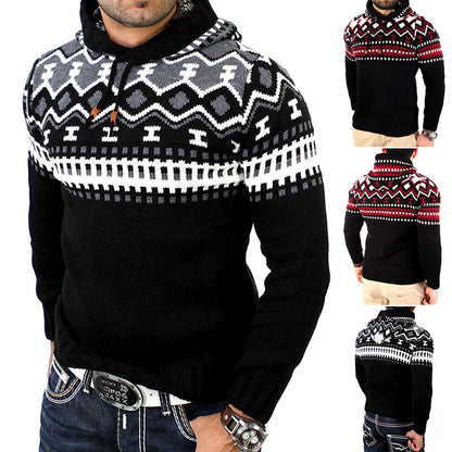 Men's Contrasting Hooded Casual Knit Pullover Sweater