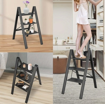 3 Step Ladder Aluminum Light Folding Step Bench Wide Non Slip Pedal 300 Lb Capacity Home Office Portable Ladder Black