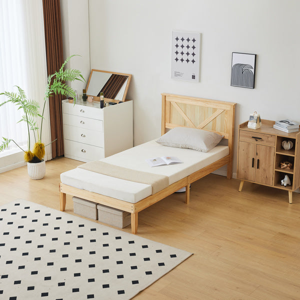Slanted Headboard, No Footrest, Twin Wooden Bed In Natural Wood Color