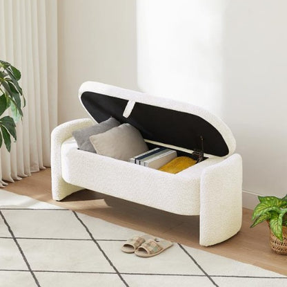 Oval Storage Bench 3D Wool Pile Bench With Large Storage Space For Living Room, Entrance And Bedroom, Cream White