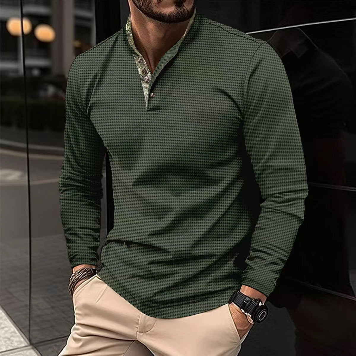 Men's Double Layer Lapel Polo Shirt Fashion Waffle Long-sleeved Tops Clothing ShopWithASmile7.com