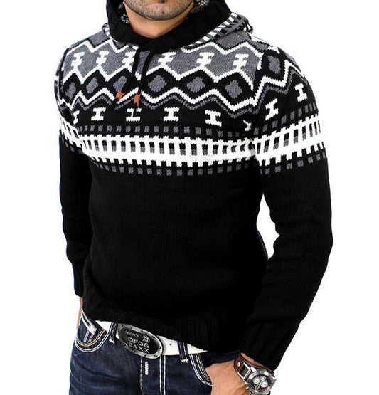 Men's Contrasting Hooded Casual Knit Pullover Sweater