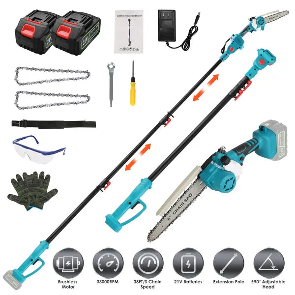 2-IN-1 Cordless Pole Saw And Mini Chainsaw With Extension Pole 21V Battery 8' Electric Brushless Pole Chainsaw With Auto Oiler Safety Switch 6.4LBS Lightweight For Tree Trimming