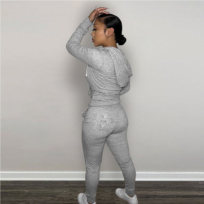 Zipper Printed Casual Hooded Sweater Set