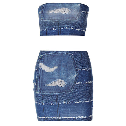 Imitation Denim Printed Small Wrap Chest And Buttocks Skirt Set