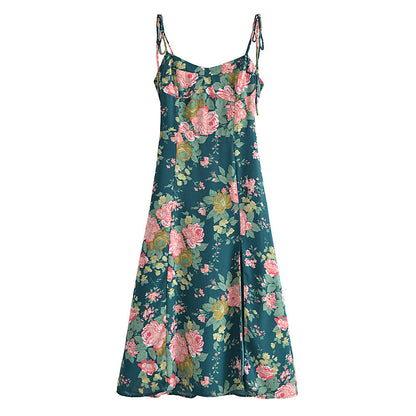 Women's Fashion Vintage Floral Print High Waist Dress