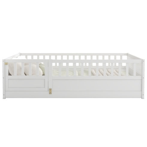 Full Size Floor Bed, Integral Construction With Super High Security Barrier, Door, Children's Floor Bed Frame, Montessori Wooden Children's Floor Bed, Support Slat White