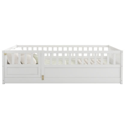 Full Size Floor Bed, Integral Construction With Super High Security Barrier, Door, Children's Floor Bed Frame, Montessori Wooden Children's Floor Bed, Support Slat White