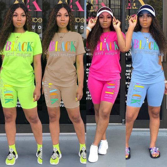 Two-piece multicolor short-sleeved shorts with letters ShopWithASmile7.com