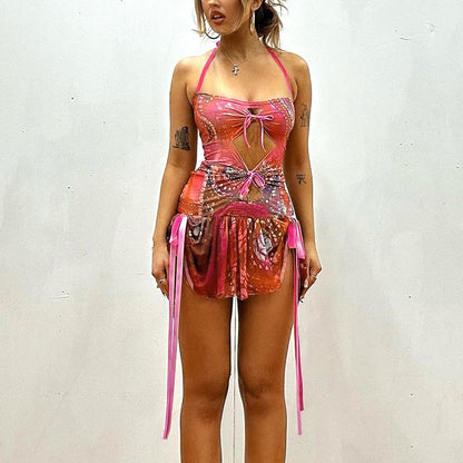 Printed Halter Lace-up Backless Hip Skirt