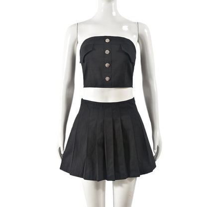 Women's Strapless Pleated Zippered Short Skirt Set