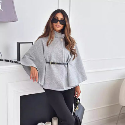 New Stand Collar Batwing Sleeves Cloak Top With Belt Ins Fashion Temperament Jacket Woolen Sweater Outwear For Women Clothing My Store