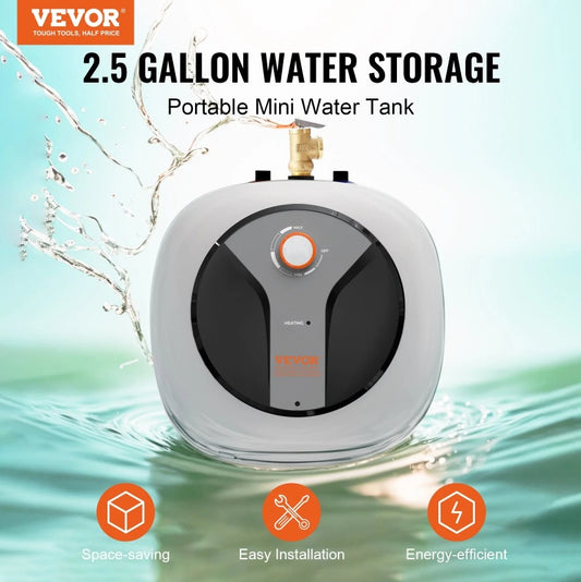 VEVOR Electric Mini-Tank Water Heater 2.5-Gallon Tank, 1440W Hot Water Boiler Storage, Safety Temperature Pressure Valve Easy Install, For Kichen Bathroom Restaurant, Shelf Wall Floor Mounted