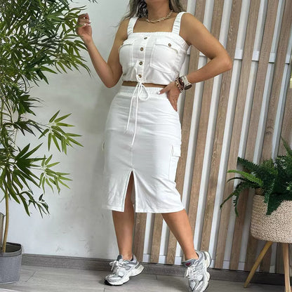 Women's Pure Color Stickers Bags Casual Vest Mid-length Dress Set
