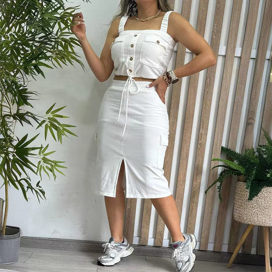 Women's Pure Color Stickers Bags Casual Vest Mid-length Dress Set