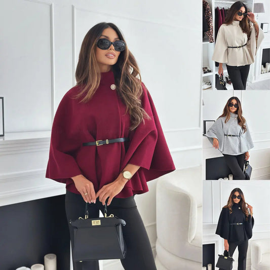 New Stand Collar Batwing Sleeves Cloak Top With Belt Ins Fashion Temperament Jacket Woolen Sweater Outwear For Women Clothing My Store