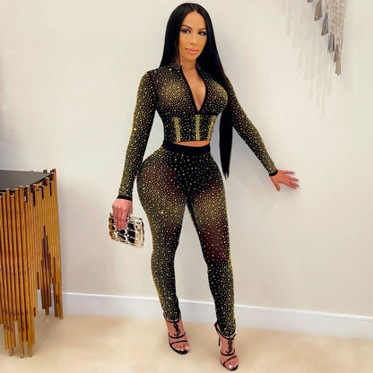 Women's Tight Mesh See-Through Long Sleeve Hot Drill Two Piece Pants Set