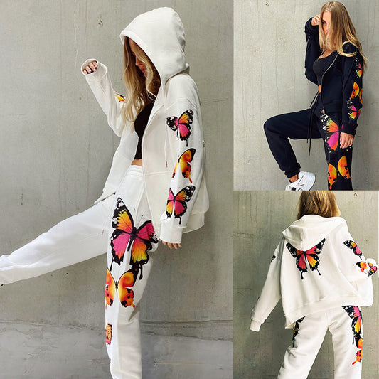 Women Long-Sleeved Hooded Zipper Casual Sweater Suit