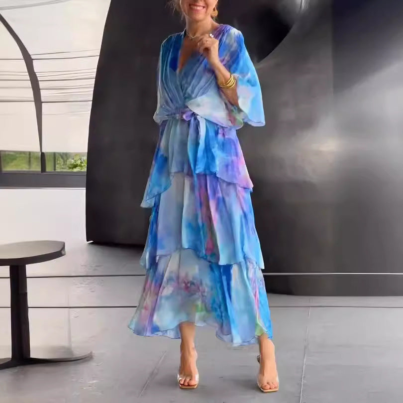 European And American Printing Layered Dress ShopWithASmile.com
