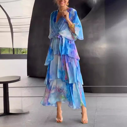 European And American Printing Layered Dress ShopWithASmile.com