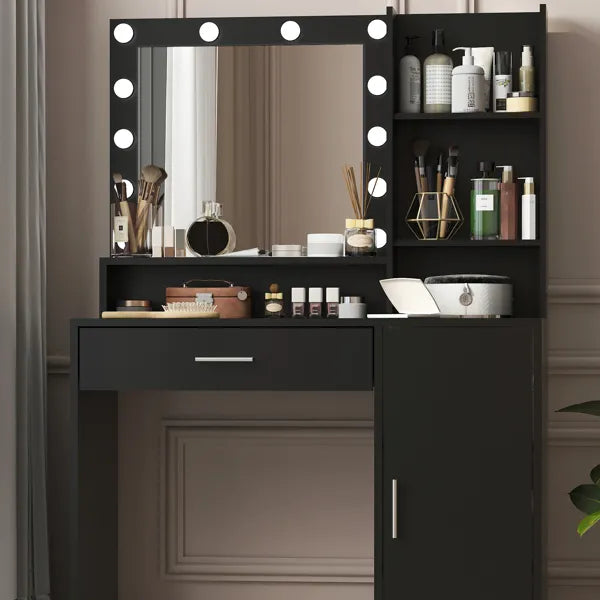 Vanity Desk With Mirror & Light, Large Drawer Three Level Storage Dresser, 3 Lighting Modes Adjustable Brightness, Bedroom Dressing Table(black)