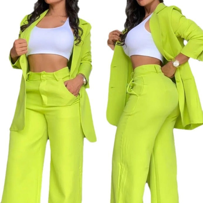 Plain Color Sleeve Lapel Suit Pocket Straight-leg Pants Suit ShopWithASmile7.com