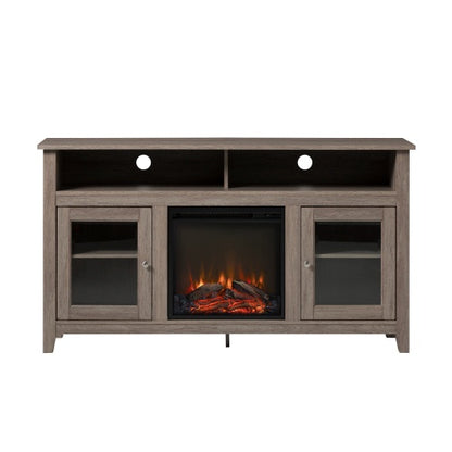 Classic Glass-Door Fireplace Tall TV Stand For TVs Up To- Driftwood