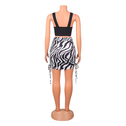 Sexy Color Matching Strappy Vest Print Ladies Two-Piece Suit