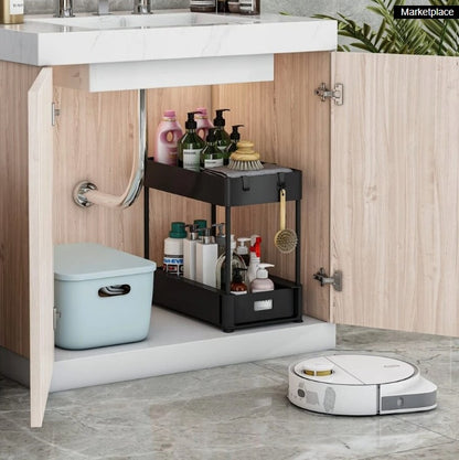 2PC Under Sink Organizer Rack 2 Tier Under Sliding Cabinet Basket Organizer Drawer With 4 Hooks, Multi-purpose Under Sink Storage For Bathroom Kitchen Desktop Black