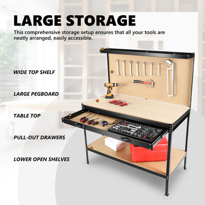 Tool Storage Workshop Table With Drawers And Pegboard