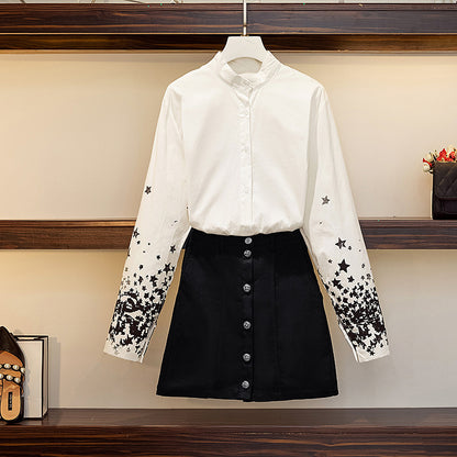 Two-piece suit with high waist and slim denim skirt