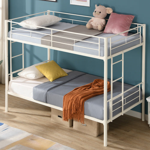 Twin Over Twin Metal Bunk Bed,Metal Structure Bedframe With Safety Guardrails And 2 Ladders,Convertible Bunkbeds,No Spring Box Required And Space Saving Design,White ShopWithASmile7.com