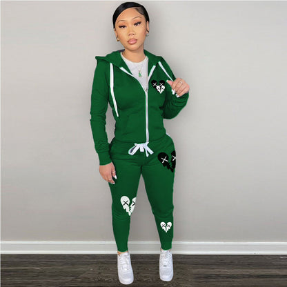 Zipper Printed Casual Hooded Sweater Set